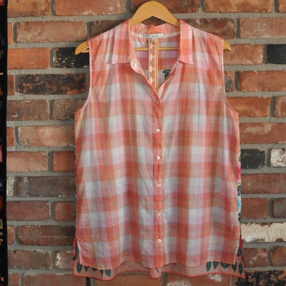 JOHNNY WAS 3J Workshop Sleeveless Blouse Silk Cotton Floral Sheer Plaid Tunic M - Picture 3 of 7